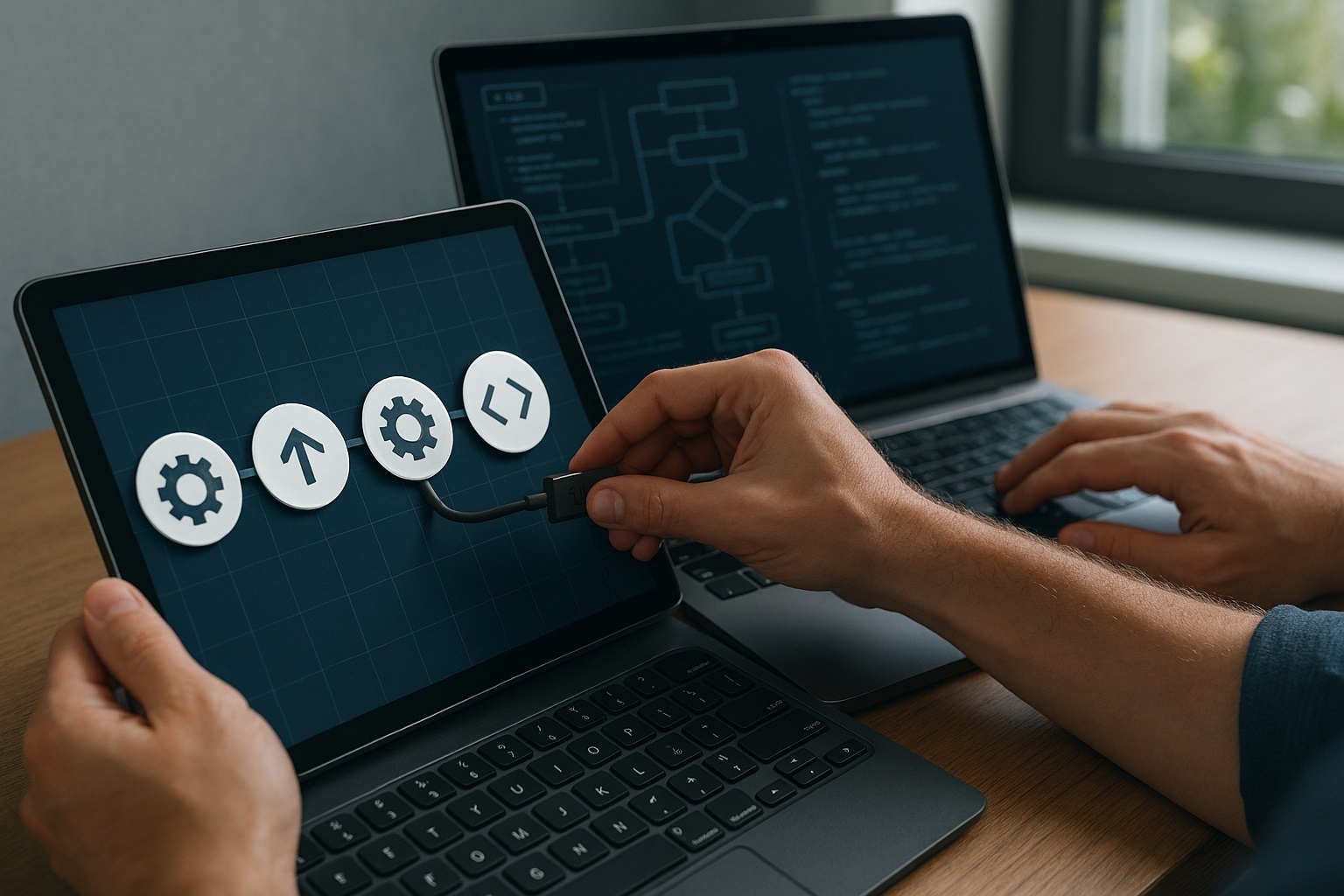 A laptop computer screen with API and Connector Symbols being joined